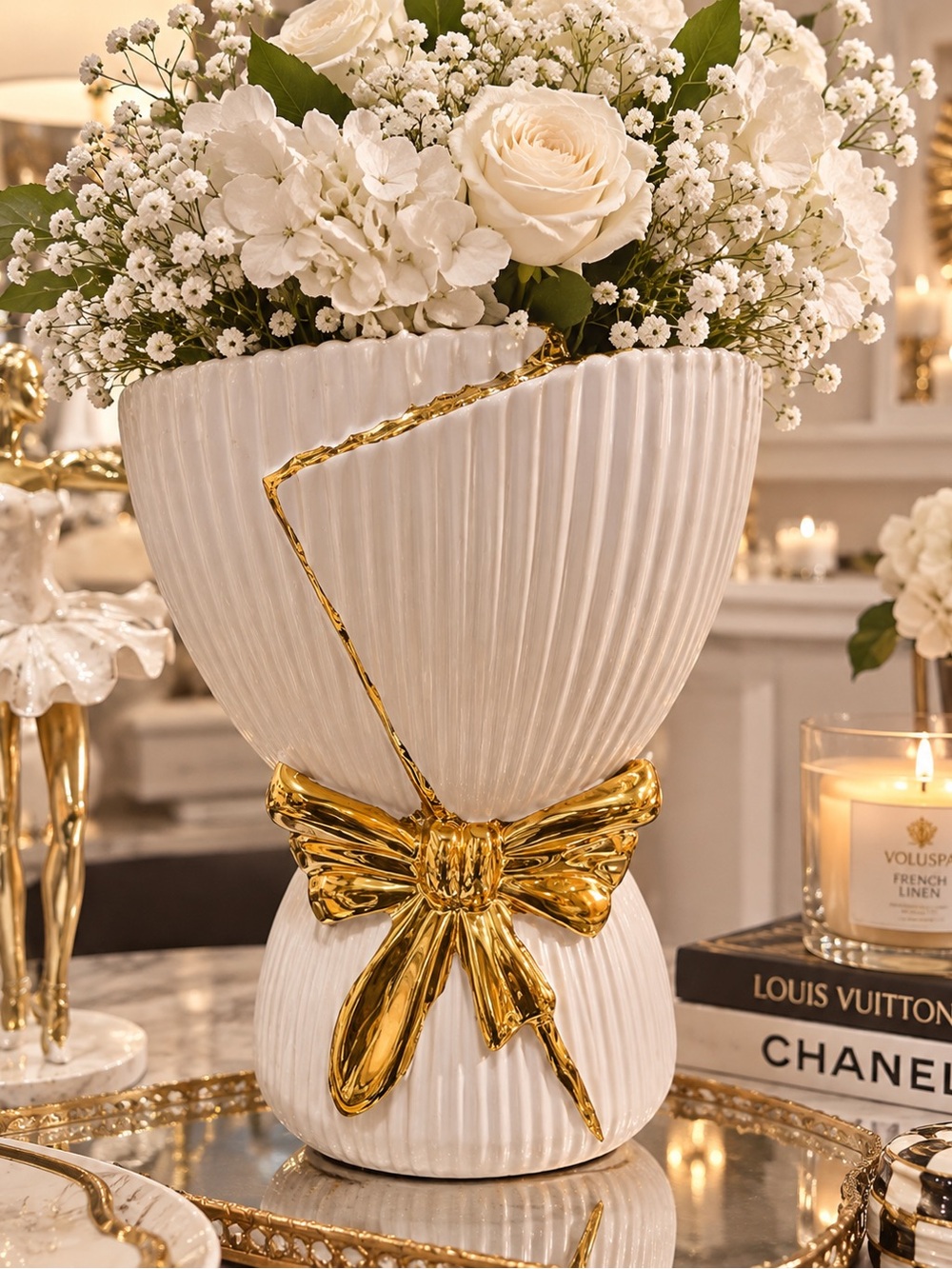 Elegant White Ceramic Vase with Gold Bow Accent